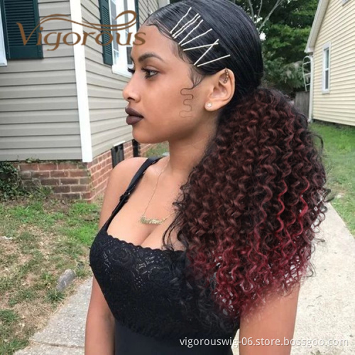 Vigorous High Quality Wholesale Long Ombre Burgundy Kinky Curly Machine Made Updo Drawstring Synthetic Ponytail Hair Extension